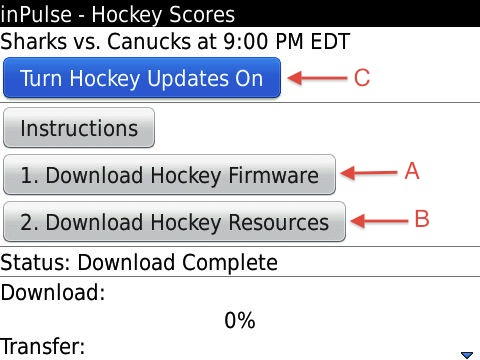 The Hockey Scores screen of the blackberry app